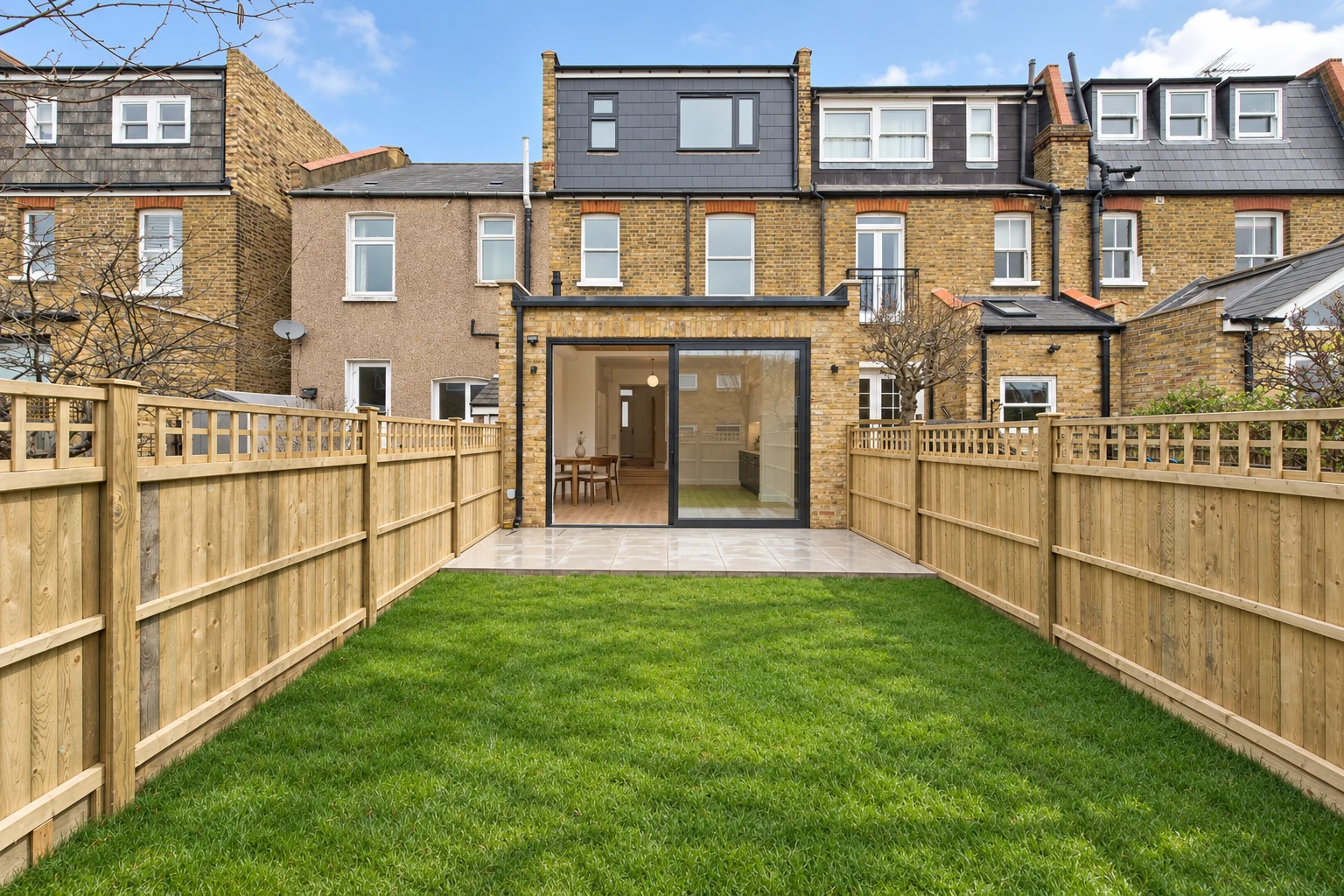 Lawn and timber fences leading to a brick rear elevation with wide sliding doors.