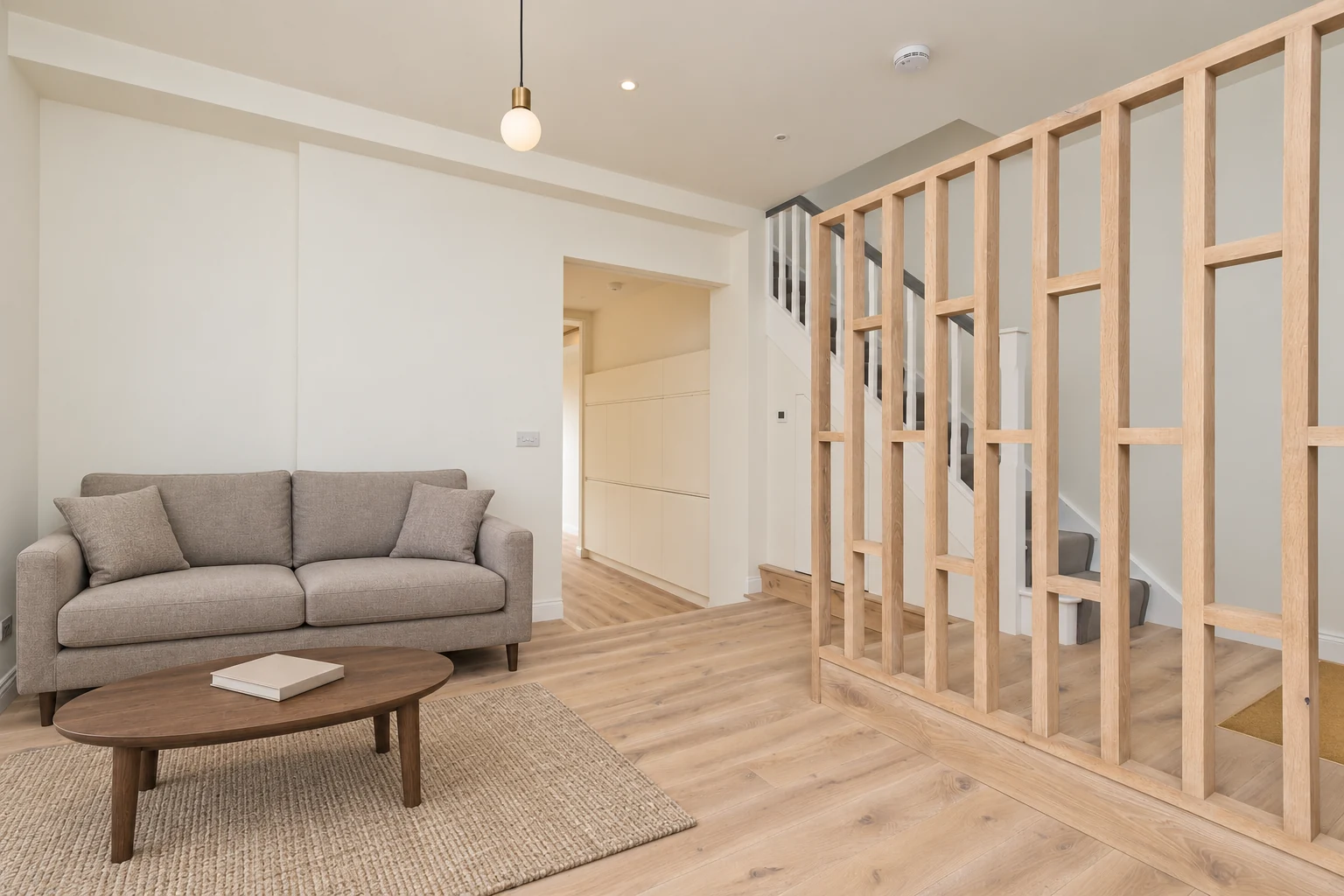 Grey sofa and pale timber floor beside an open timber stair screen.