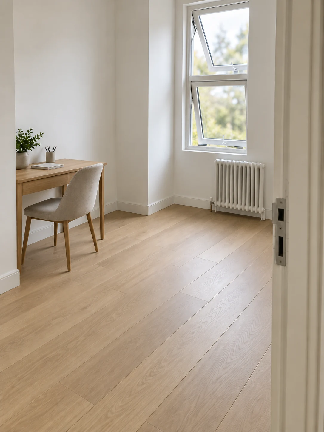 Small room with a narrow two-part window, column radiator, pale timber floor and freestanding desk.