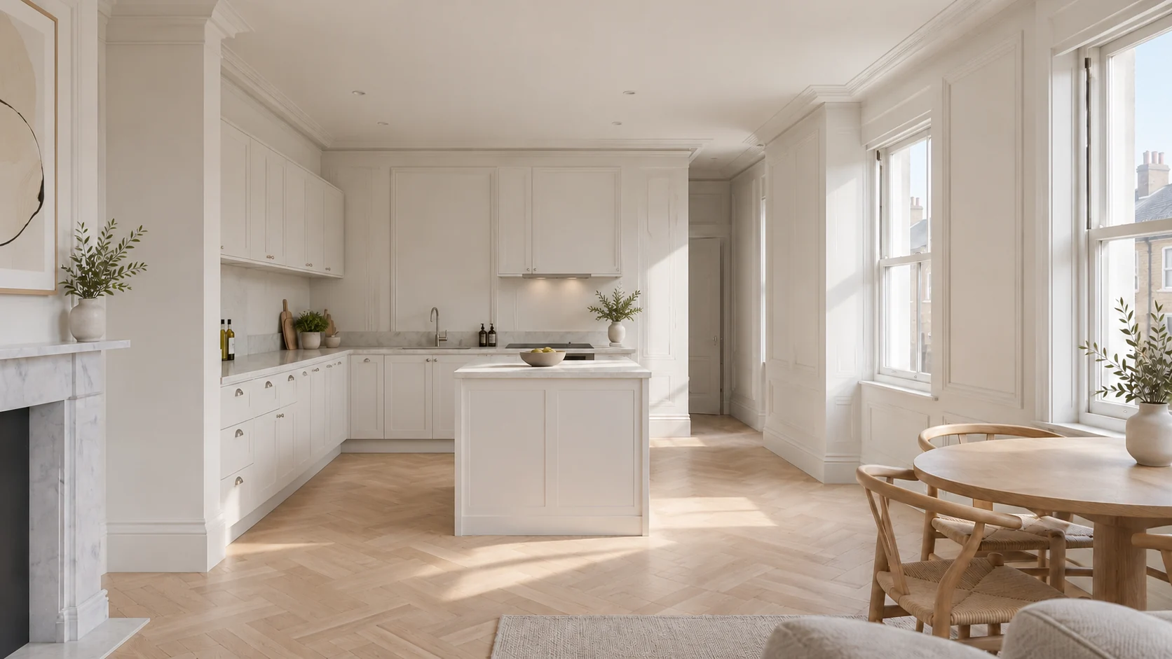 Kitchen with white cabinetry along a partition and wall, a separate island and pale herringbone flooring beneath a period cornice.