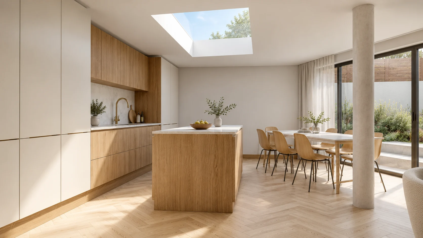 Kitchen with oak and white cabinetry along a wall, a separate island and pale herringbone flooring under a low ceiling.