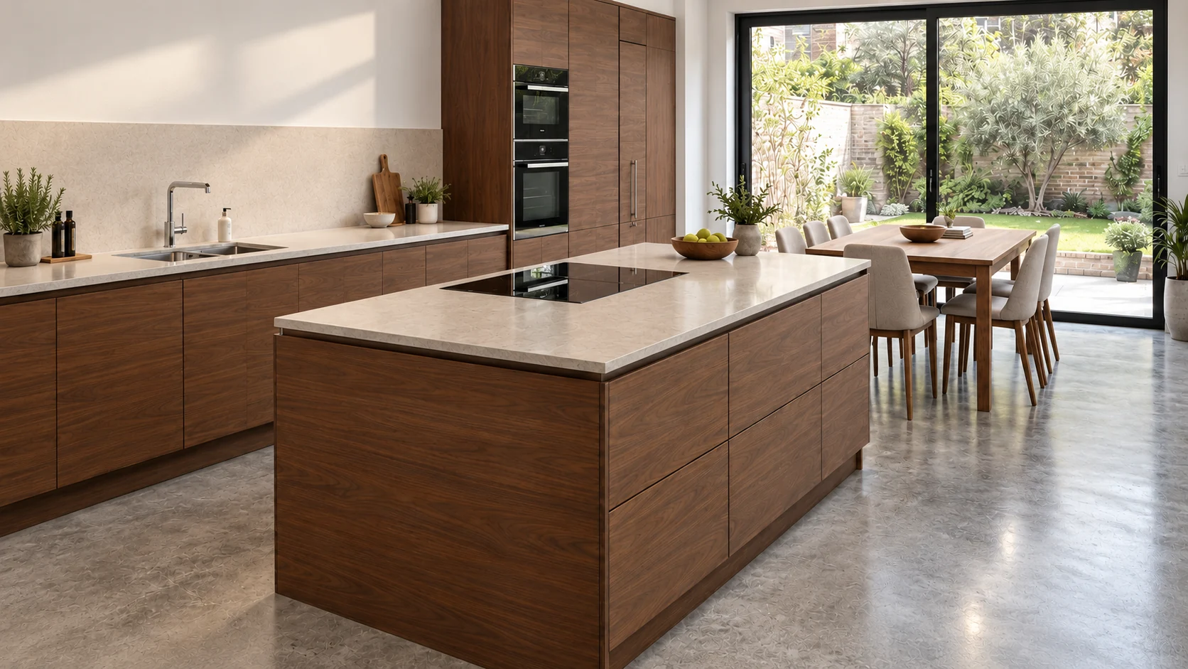 Kitchen with walnut-effect cabinetry, a concrete floor and an island, viewed towards sliding doors and the garden.