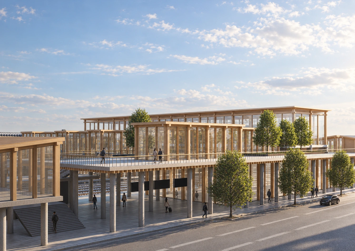 Competition visualisation of the timber-framed entrance to Jeonju Station.
