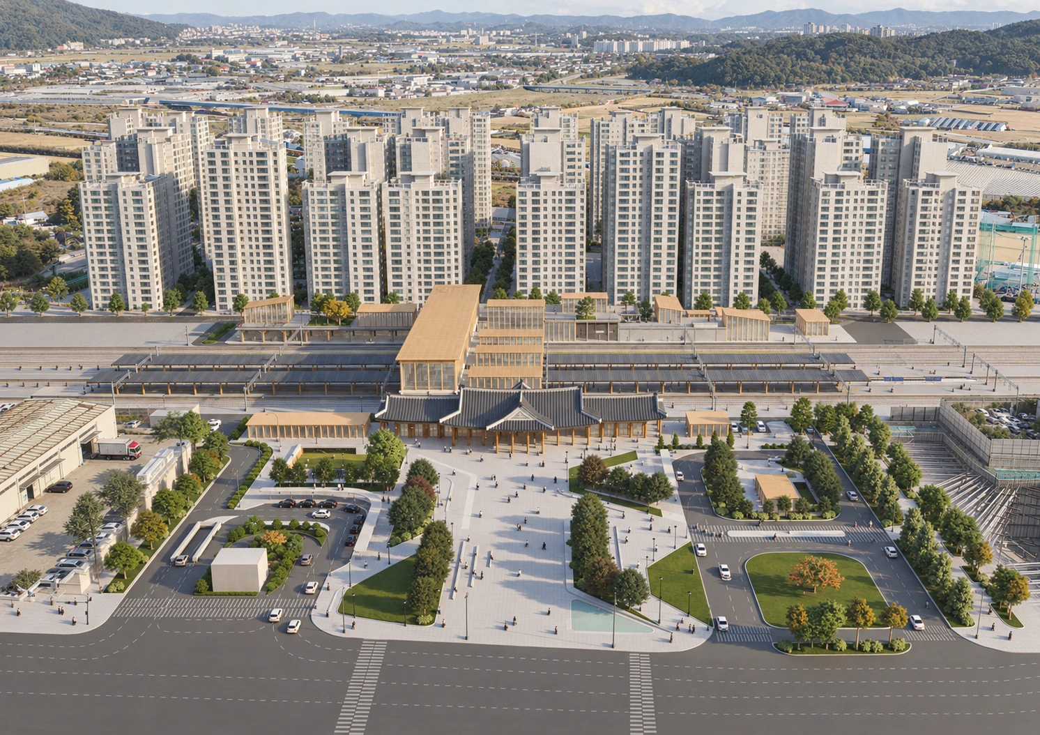 Aerial competition visualisation of Jeonju Station and its public forecourt.