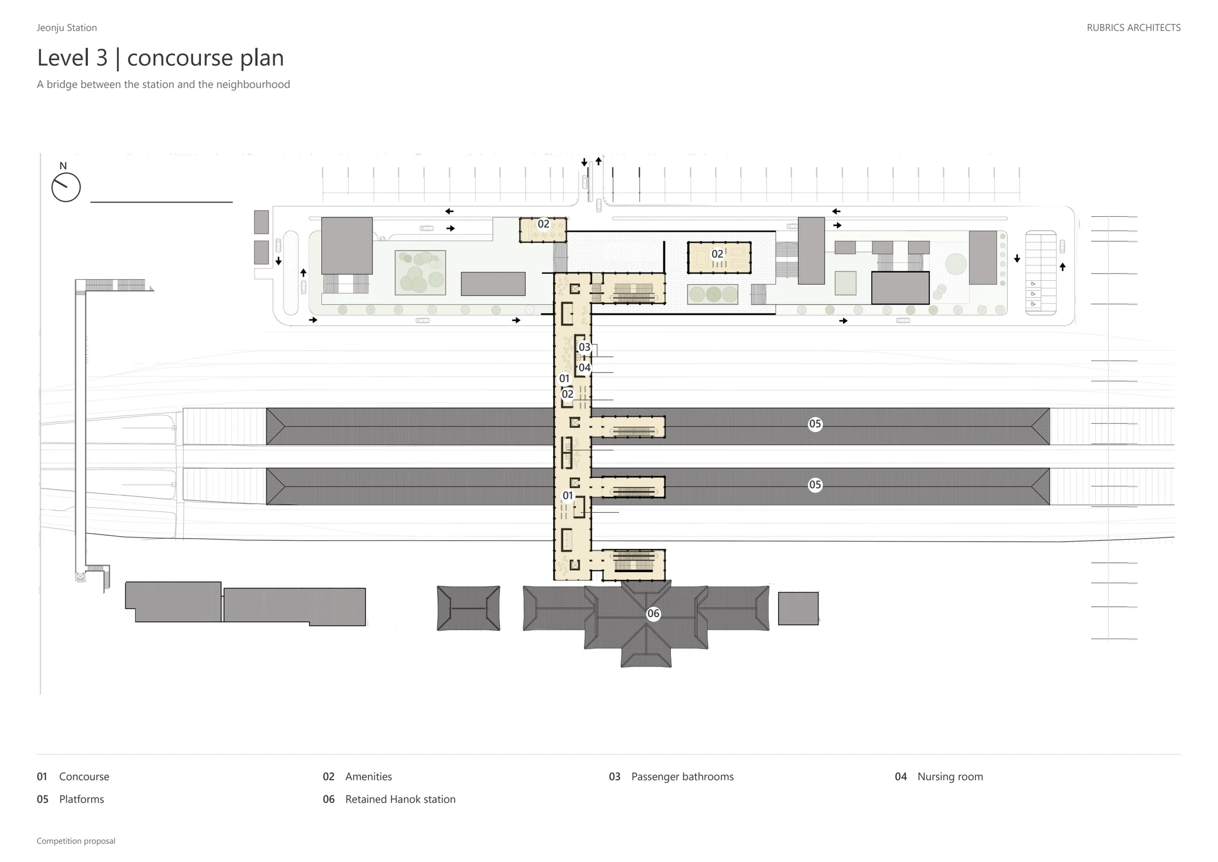 Level-one concourse plan of the Jeonju Station proposal.