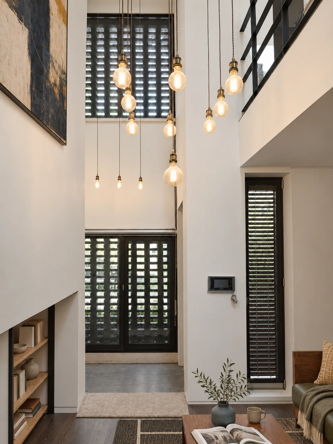 Contemporary living room beneath an open void, with books, abstract artwork and textured furnishings.