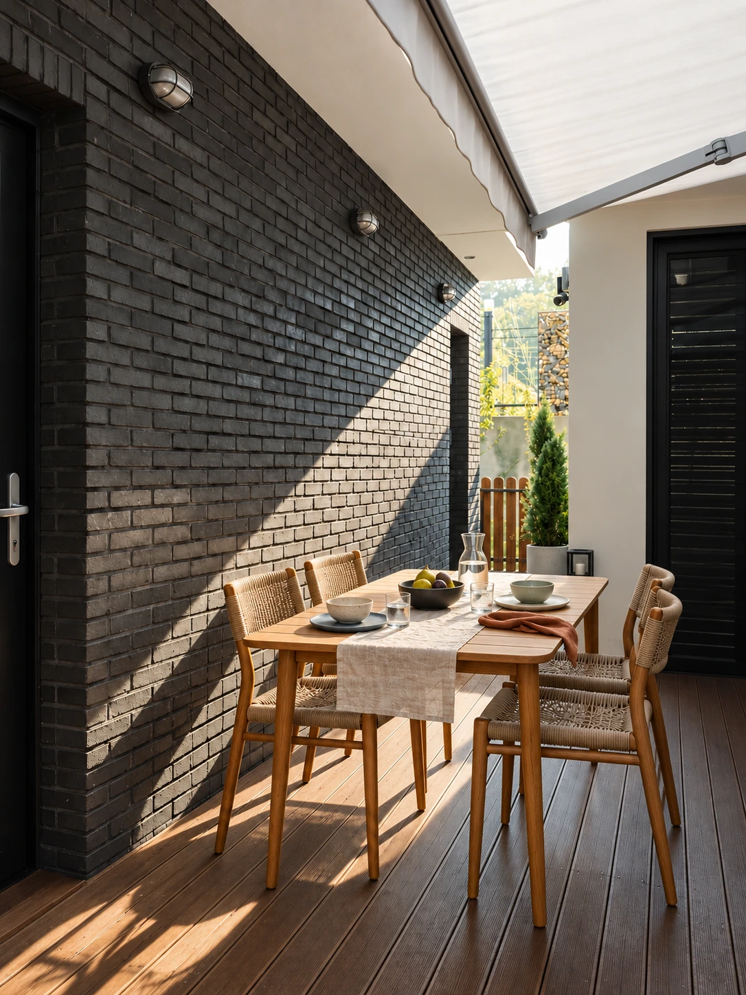 Timber table with ceramic bowls, fruit and linen in a black-brick courtyard beneath a retractable canopy.
