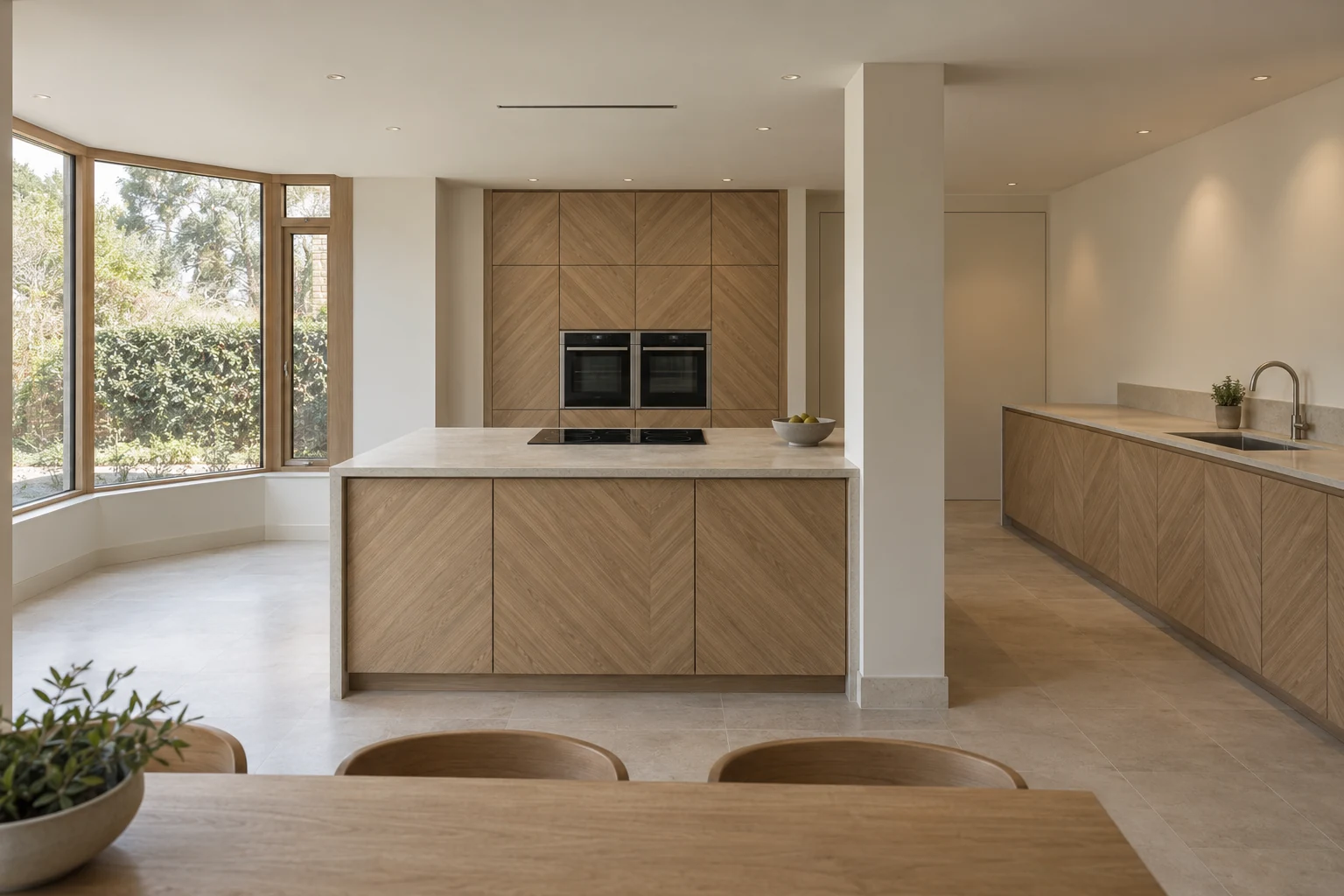 Kitchen with a central hob island, structural pier, chevron-patterned cupboards and a glazed bay.
