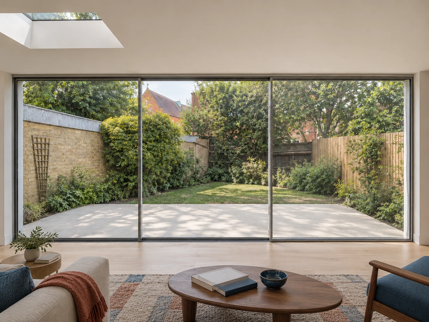 Contemporary living space with low walnut furniture, blue and rust textiles, and three sliding glass panels opening onto a green garden.