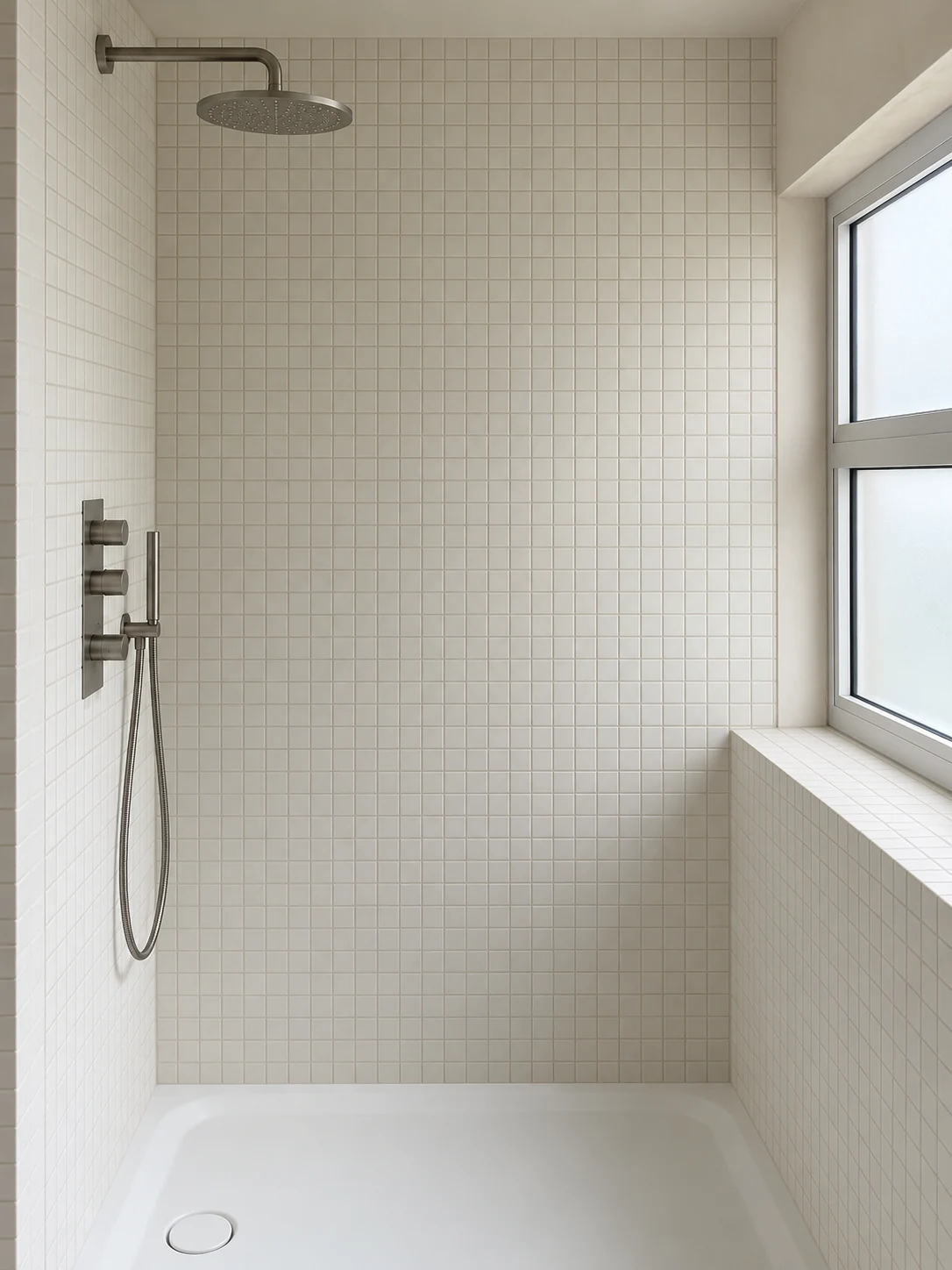 Shower with small cream square tiles, brushed-metal fittings and a frosted two-part window.