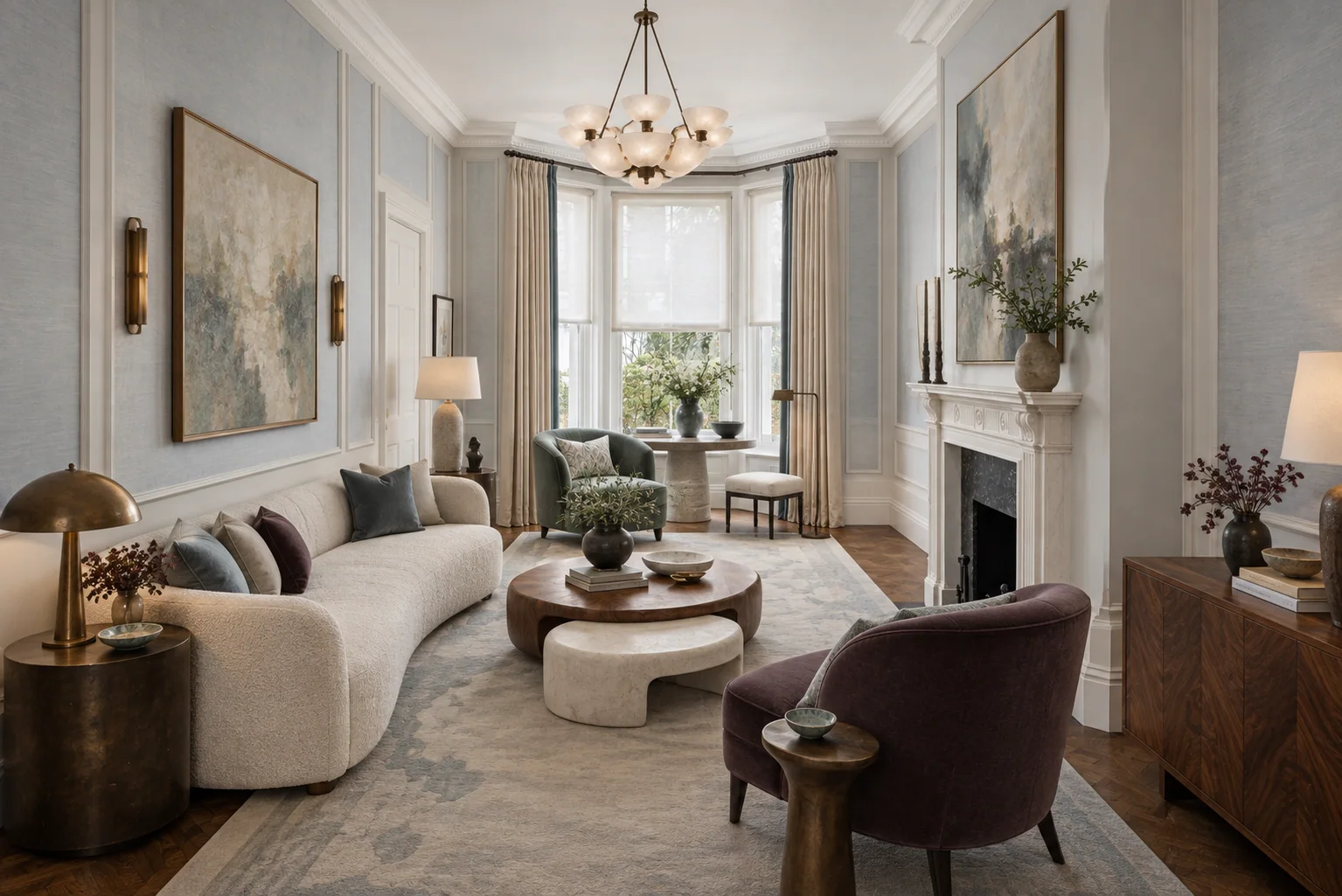 W10 · 01: reception room with tall windows, white cornices and curved seating.