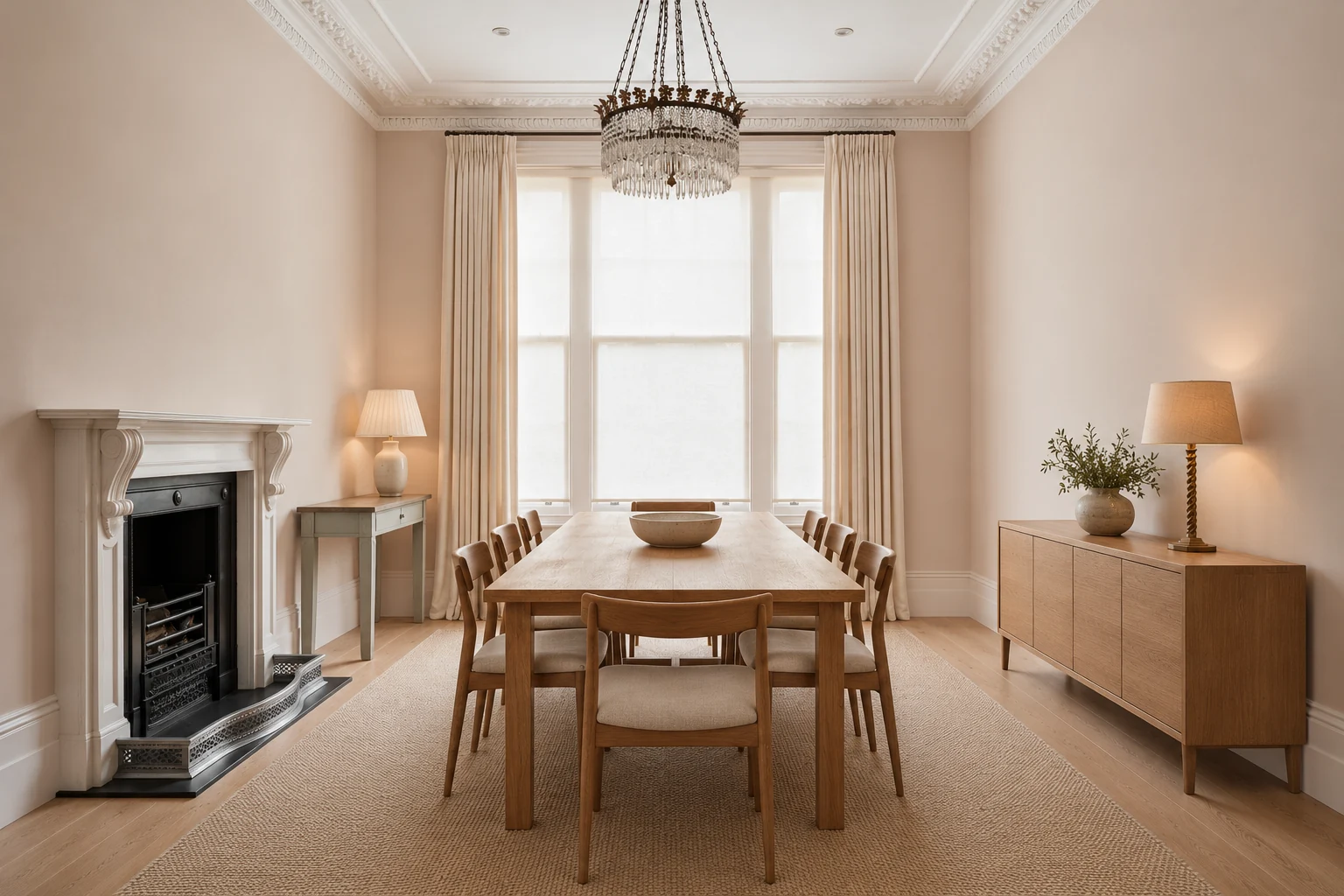 Dining room with tall screened sash windows, a detailed cornice, fireplace and timber dining table.