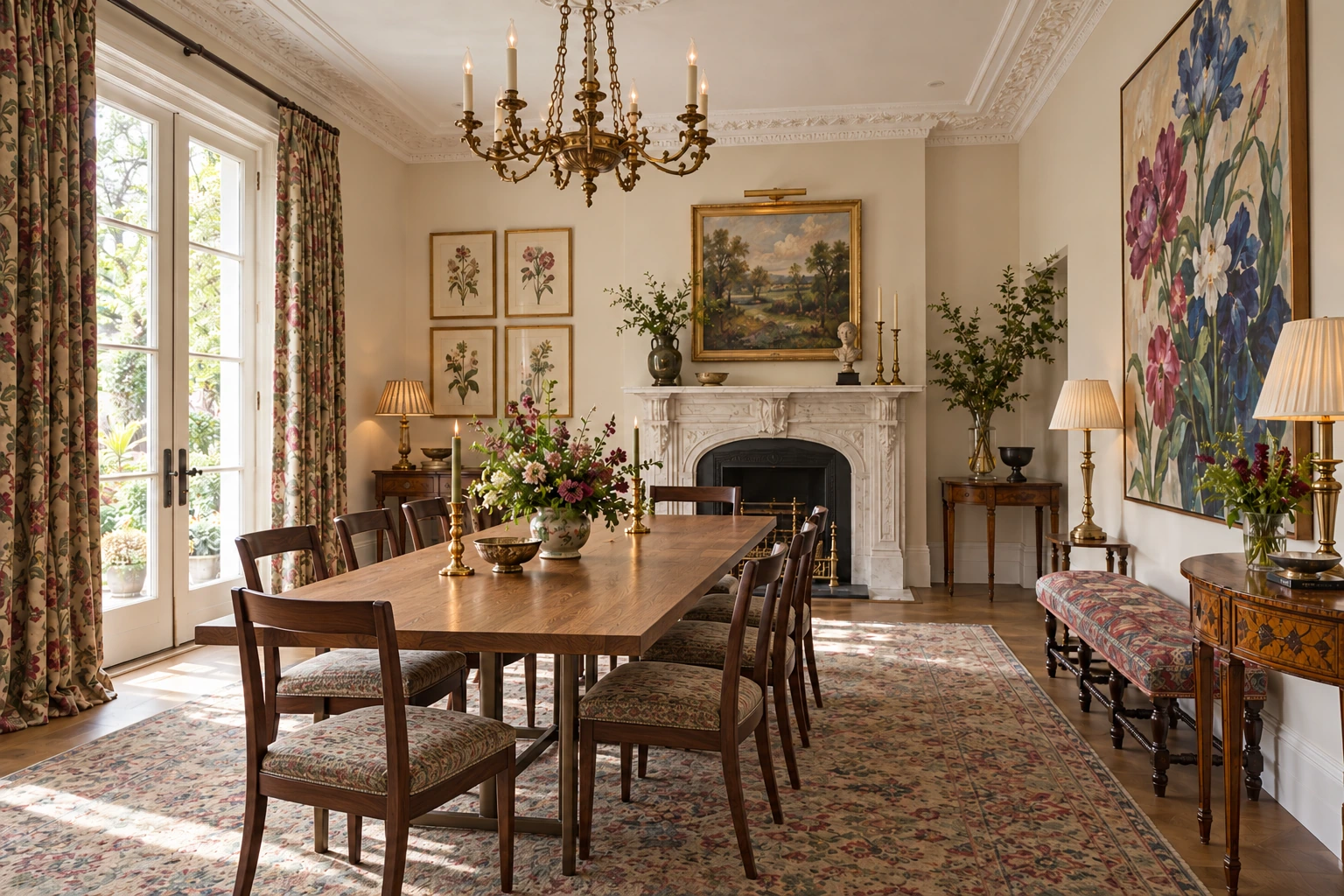 Dining room with a contemporary timber table, upholstered walnut chairs, a large floral painting and a marble fireplace.