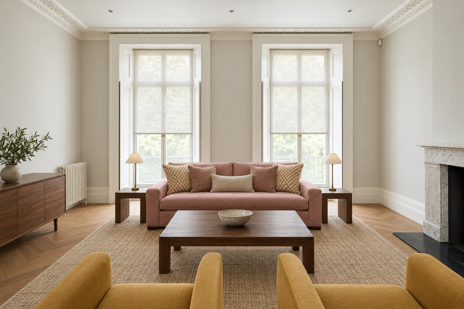 Reception with two tall shuttered windows, a detailed cornice, pale walls and a pink sofa.