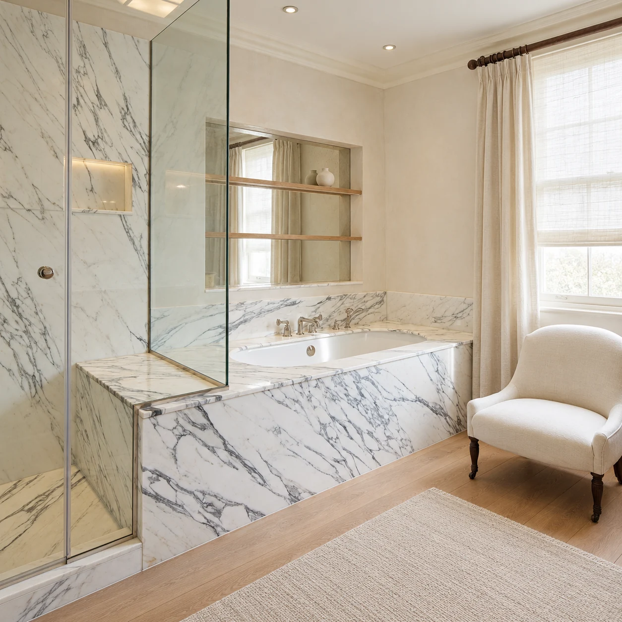 Marble-lined bath and shower with mirrored shelves and a screened sash window.