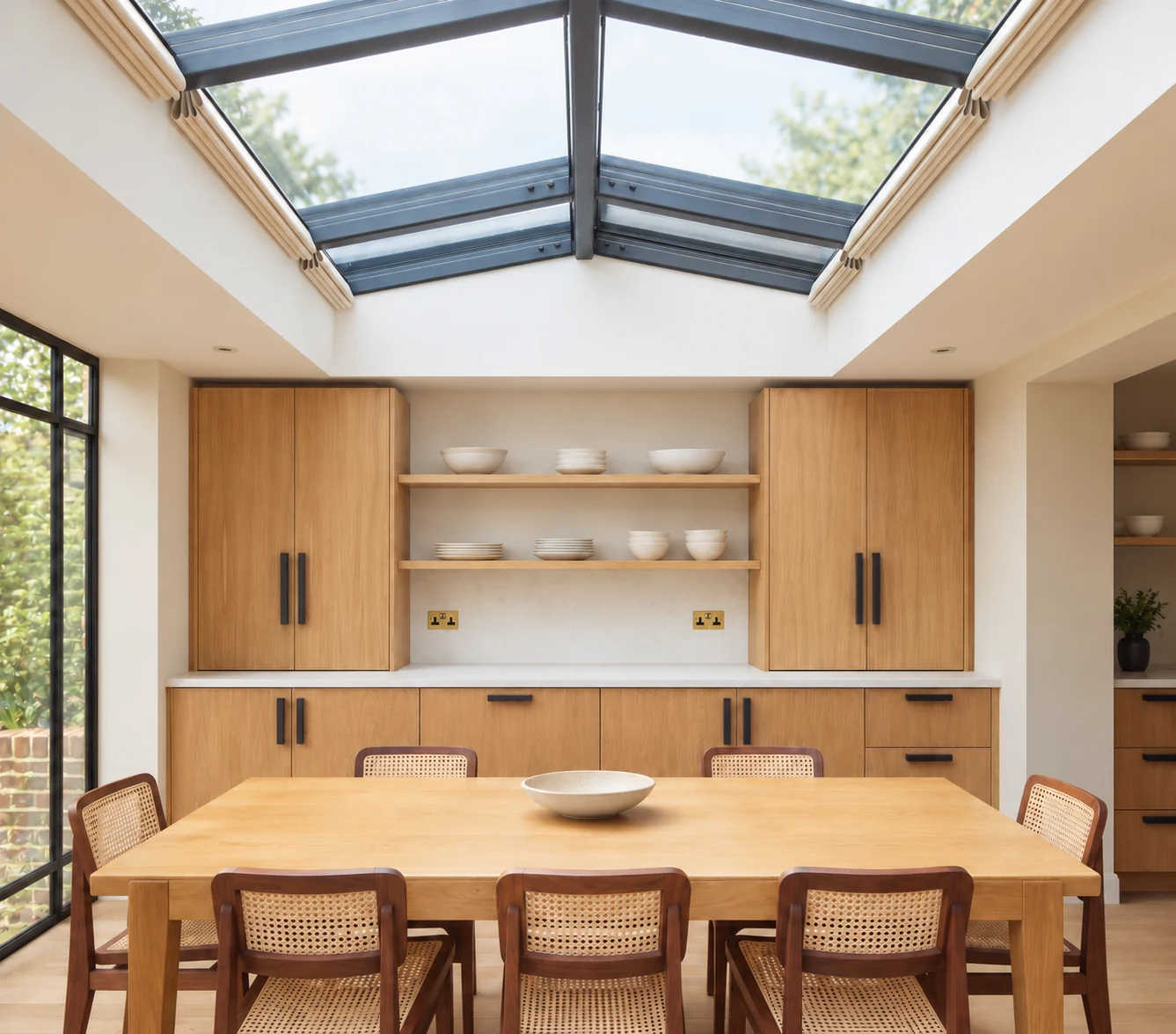 Dining table and cane chairs beneath a glazed lantern, facing oak cupboards and open shelves.