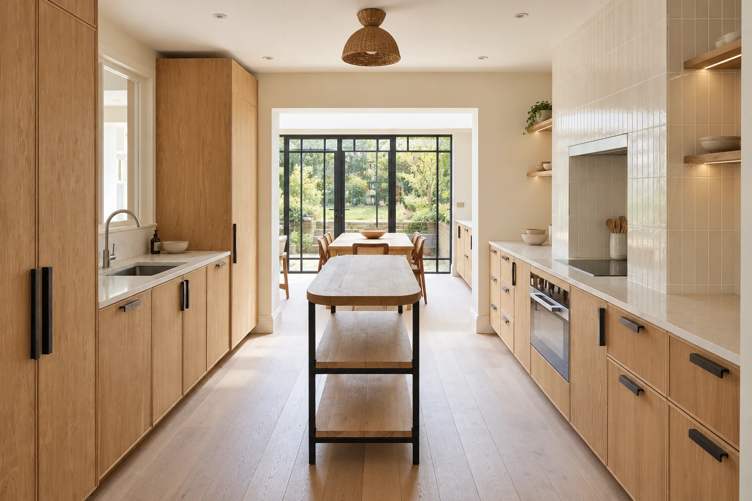 Oak kitchen cupboards around a tiled cooker recess, with a slim central worktable and garden doors beyond.