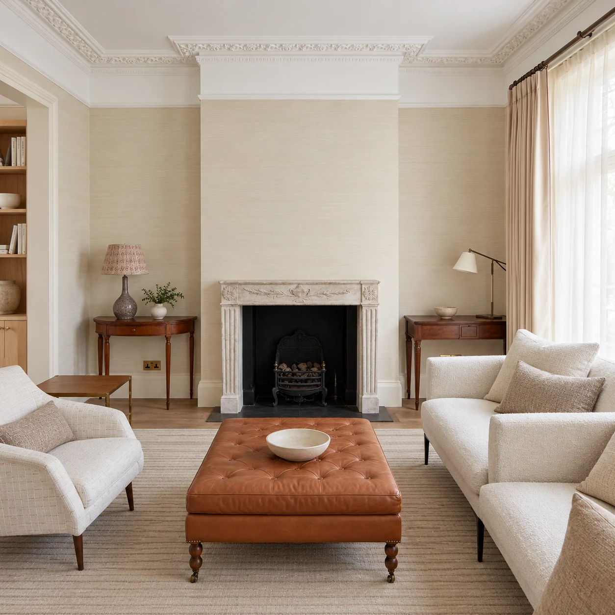 Reception with a carved stone fireplace, detailed cornice, pale chairs and leather ottoman.