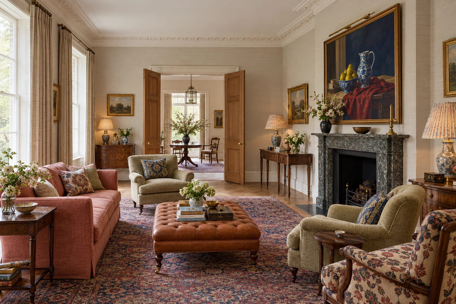 An English drawing room with antique furniture, a leather ottoman and a large still-life painting.